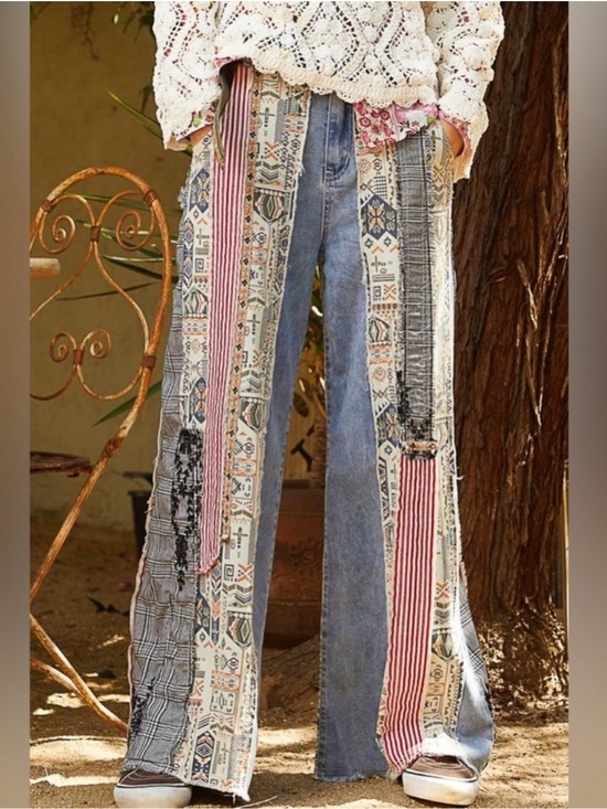 POL Denim - New: POL “Be Legendary” Bohemian Mixed Patchwork Wide Leg Jeans• Large